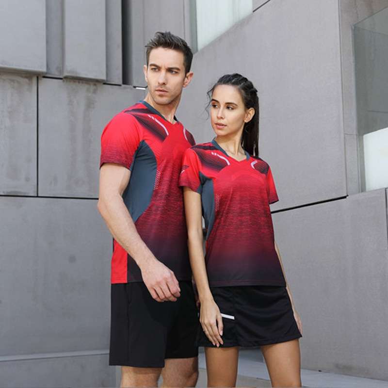 2018 High Quality Sexy Red Running Sport Quick Dry Breathable Badminton Shirt Women Men Table Tennis 1