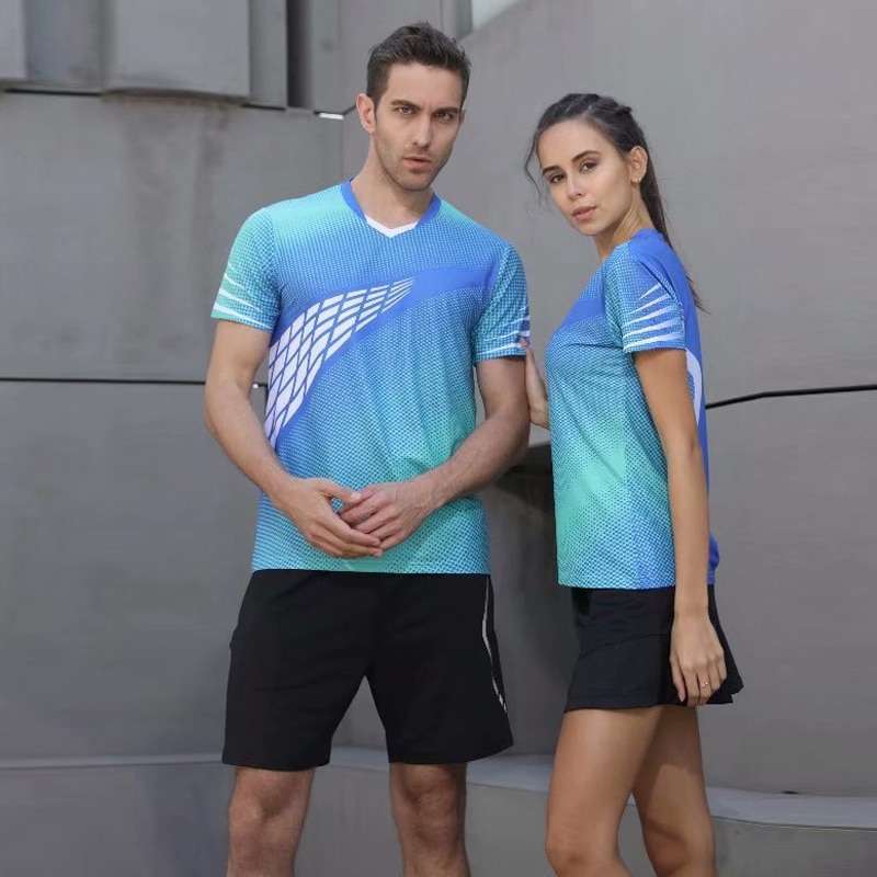 High Quality 2018 Sky Blue Running Sport Quick Dry Breathable Badminton Shirt Women Men Table Tennis