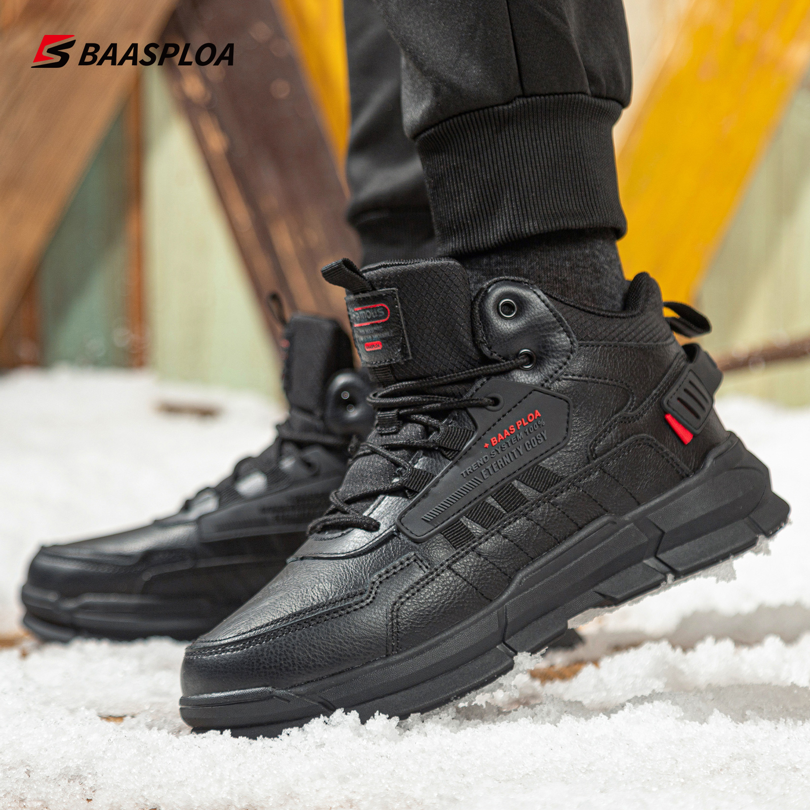 Baasploa Winter Men Leather Comfortable Cotton Shoes Waterproof Warm Outdoor Sneakers Non slip Wear resistant Walking