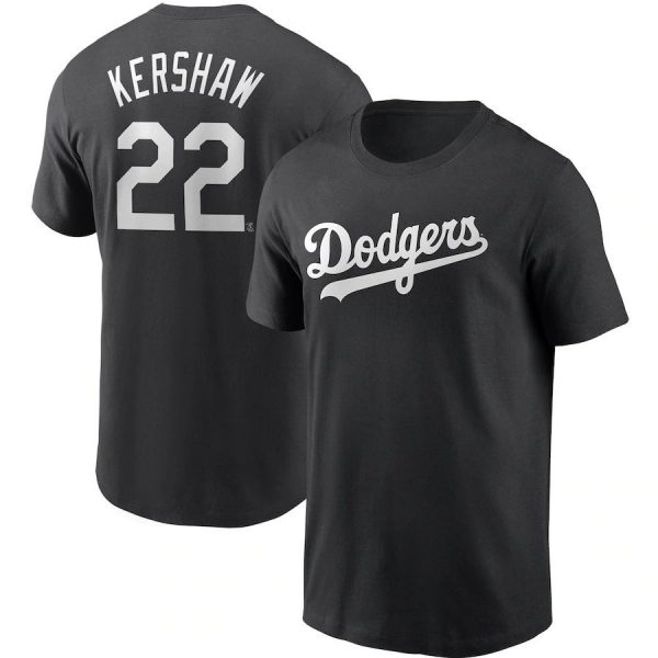 Kershaw 22 Los Angeles Dodgers MLB Baseball Black White Short Sleeved T-Shirt
