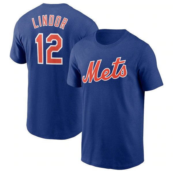 Francisco Lindor 12 New York Mets MLB Baseball Blue Orange Short Sleeved T-Shirt