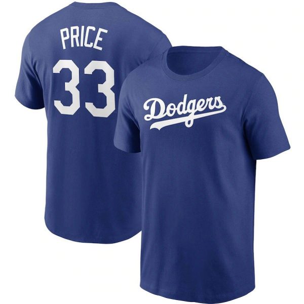 David Price 33 Los Angeles Dodgers MLB Baseball Blue White Short Sleeved T-Shirt