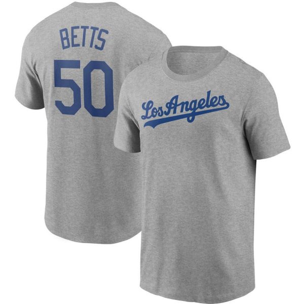 Mookie Betts 50 Los Angeles Dodgers MLB Baseball Grey Short Sleeved T-Shirt